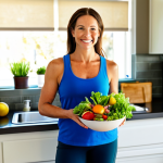 Balanced Lifestyle Scene**

"A bright and inviting scene depicting a woman in her 30s, fully clothed in comfortable activewear, holding a vibrant salad bowl filled with fresh fruits and vegetables. She is smiling warmly, standing in a sunlit kitchen with a yoga mat visible in the background. The scene should convey a sense of healthy living and well-being. Include elements like a water bottle, fresh ingredients on the counter, and soft natural lighting. safe for work, appropriate content, professional, perfect anatomy, natural proportions, family-friendly."

**