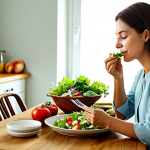 Conscious Eating & Peaceful Environment**

"A serene woman, fully clothed in modest attire, mindfully eating a healthy salad at a sunlit table in a calming kitchen. Natural light, soft colors, safe for work, appropriate content, family-friendly, perfect anatomy, correct proportions, natural pose, professional food photography, high quality."

**