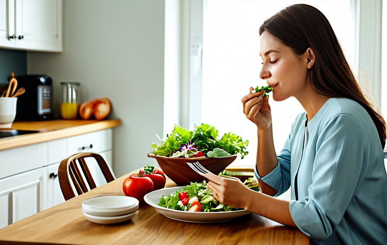 Conscious Eating & Peaceful Environment**
"A serene woman, fully clothed in modest attire, mindfully eating a healthy salad at a sunlit table in a calming kitchen. Natural light, soft colors, safe for work, appropriate content, family-friendly, perfect anatomy, correct proportions, natural pose, professional food photography, high quality."
**