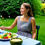 Mindful Eating & Nature**

"A woman enjoying a colorful and healthy meal outdoors in a sun-drenched garden, surrounded by vibrant flowers and lush greenery, fully clothed in a modest sundress, appropriate attire, safe for work, perfect anatomy, natural proportions, professional food photography, high quality, family-friendly."

**