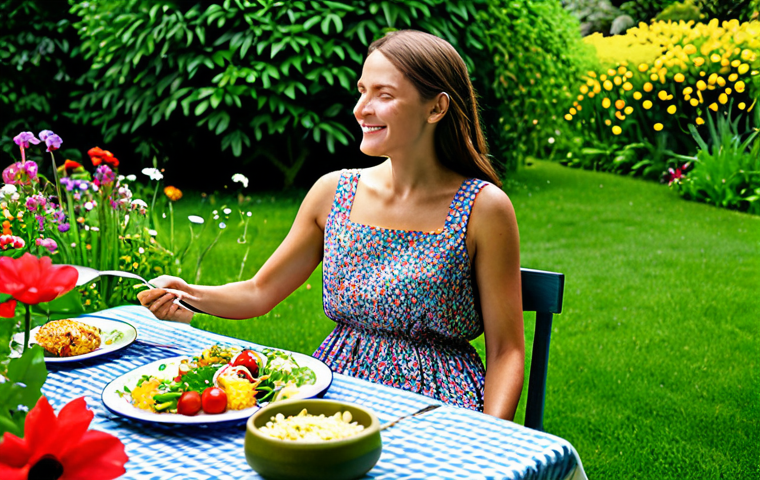 Mindful Eating & Nature**
"A woman enjoying a colorful and healthy meal outdoors in a sun-drenched garden, surrounded by vibrant flowers and lush greenery, fully clothed in a modest sundress, appropriate attire, safe for work, perfect anatomy, natural proportions, professional food photography, high quality, family-friendly."
**