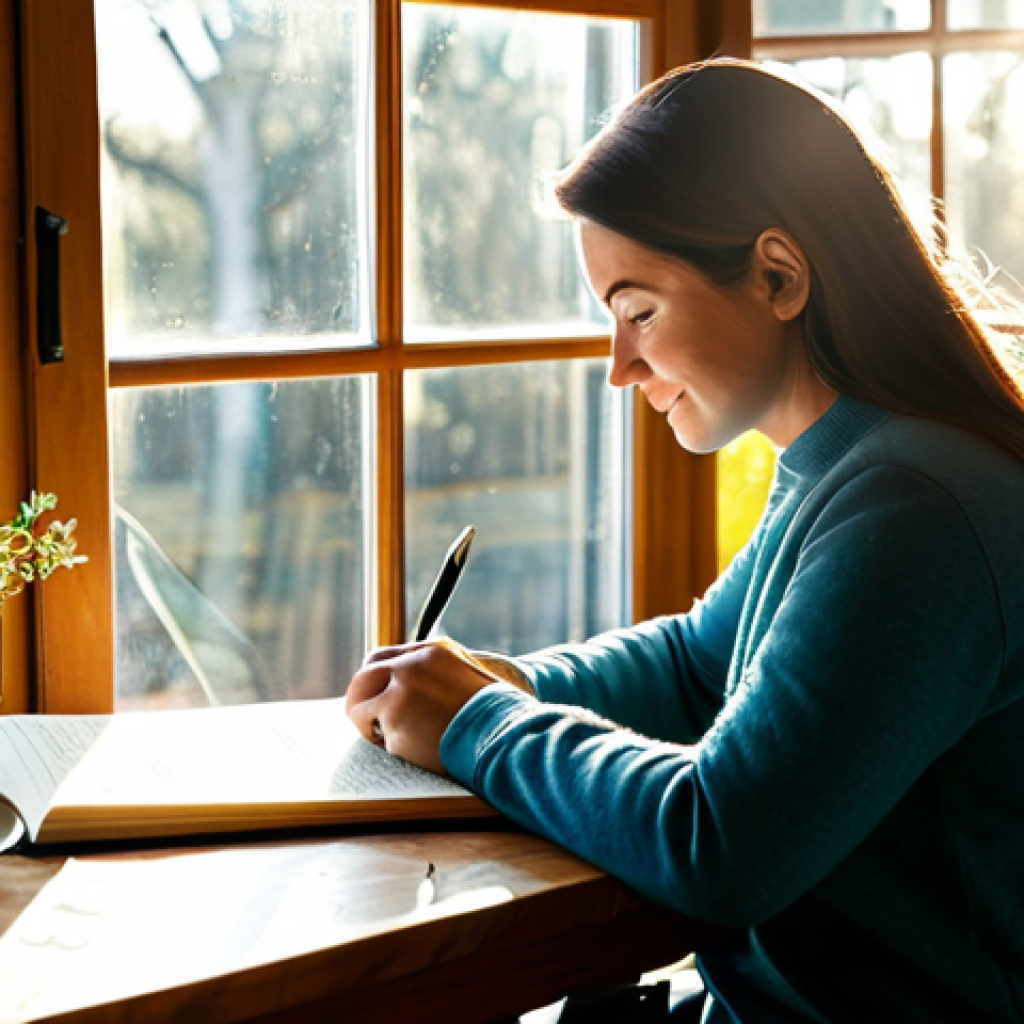 Gratitude Journaling in a Cozy Setting**

"A woman, fully clothed in comfortable, modest attire, sitting at a wooden table by a window, writing in a journal. Sunlight streams through the window. The table is decorated with a warm mug and a small plant. The scene should evoke a feeling of peace and reflection. Safe for work, appropriate content, professional quality, perfect anatomy, natural pose, well-formed hands, family-friendly."

**