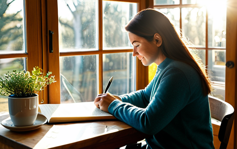 Gratitude Journaling in a Cozy Setting**

"A woman, fully clothed in comfortable, modest attire, sitting at a wooden table by a window, writing in a journal. Sunlight streams through the window. The table is decorated with a warm mug and a small plant. The scene should evoke a feeling of peace and reflection. Safe for work, appropriate content, professional quality, perfect anatomy, natural pose, well-formed hands, family-friendly."

**
