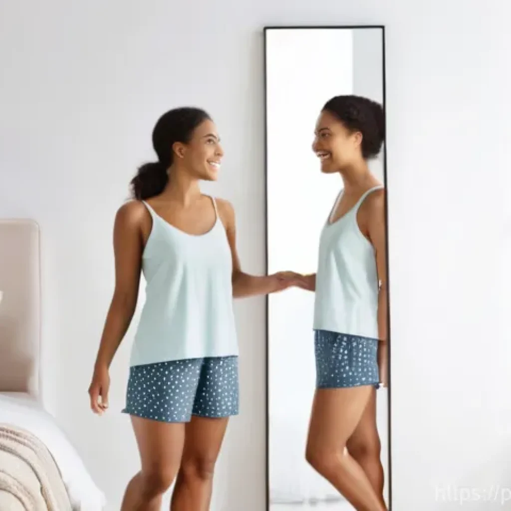 셀프케어 루틴으로 신체 이미지 개선하기 - **Prompt:** A beautiful woman in her late 20s to early 30s, with a warm, genuine smile, looking at h...