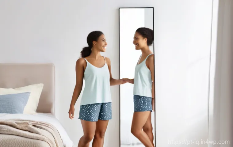 셀프케어 루틴으로 신체 이미지 개선하기 - **Prompt:** A beautiful woman in her late 20s to early 30s, with a warm, genuine smile, looking at h...