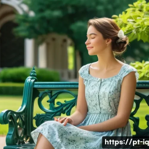 셀프케어 루틴과 자연과의 연계 - **Prompt:** "A serene woman in her early 30s, with a gentle smile, sitting on an ornate stone bench ...