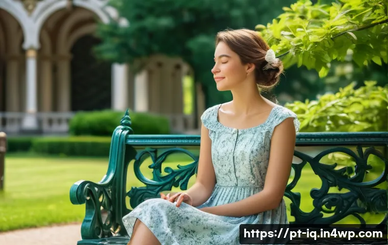 셀프케어 루틴과 자연과의 연계 - **Prompt:** "A serene woman in her early 30s, with a gentle smile, sitting on an ornate stone bench ...