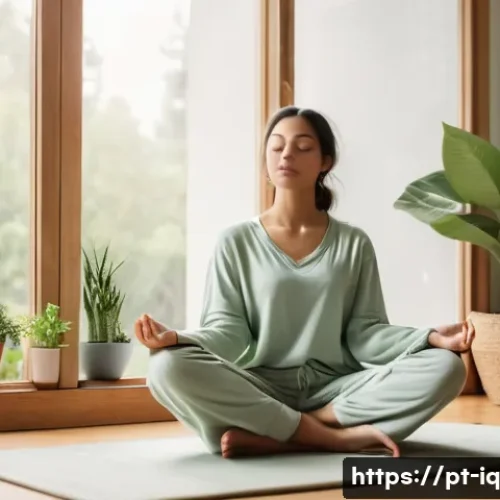 셀프케어 루틴을 위한 목표 설정 방법 - A serene morning routine scene featuring a young adult woman sitting cross-legged on a cozy living r...