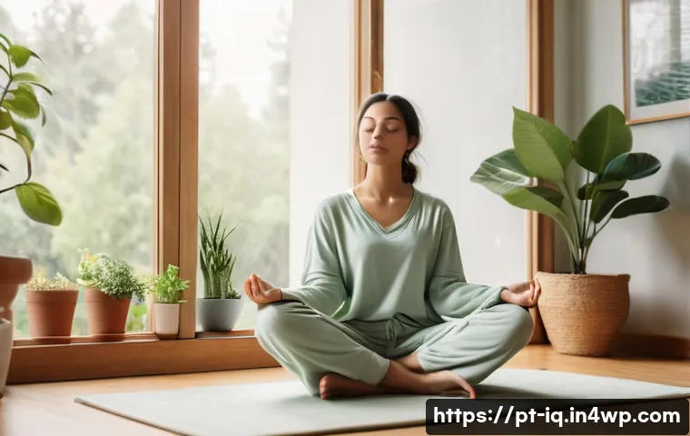 셀프케어 루틴을 위한 목표 설정 방법 - A serene morning routine scene featuring a young adult woman sitting cross-legged on a cozy living r...