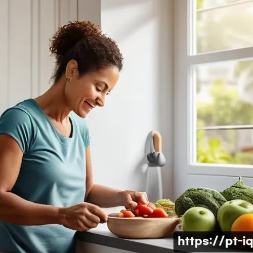 셀프케어 루틴의 경제적 이점 - A middle-aged Brazilian woman in casual athletic wear preparing a balanced home-cooked meal in a bri...