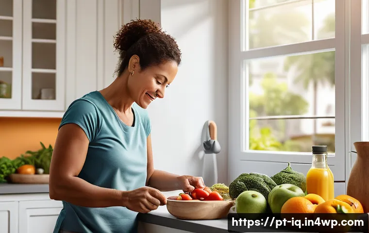 셀프케어 루틴의 경제적 이점 - A middle-aged Brazilian woman in casual athletic wear preparing a balanced home-cooked meal in a bri...
