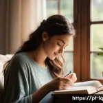 Home 22 셀프케어 루틴을 통한 감정 표현 - A serene home setting where a young adult woman sits comfortably in a cozy armchair by a large windo...