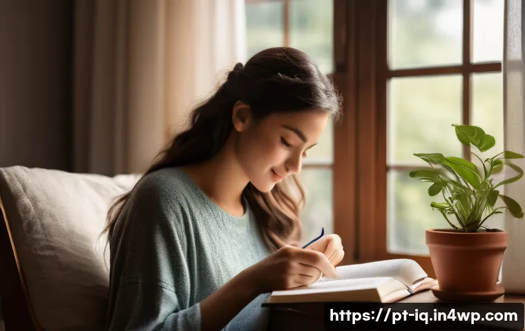 셀프케어 루틴을 통한 감정 표현 - A serene home setting where a young adult woman sits comfortably in a cozy armchair by a large windo...