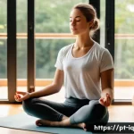 Home 20 셀프케어 루틴과 개인 성장의 연결 - A serene morning scene featuring a young adult meditating peacefully in a sunlit room, wearing comfo...