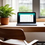 Home 19 셀프케어 루틴을 위한 온라인 리소스 모음 - A cozy modern home office setup featuring a digital tablet displaying a personalized daily self-care...