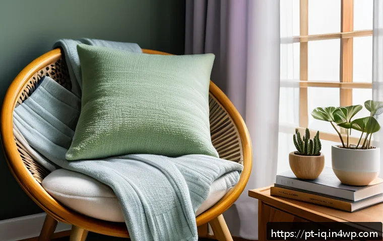 셀프케어 루틴에 필요한 도구 및 제품 - A cozy indoor corner designed for self-care, featuring a plush armchair with soft pastel cushions, s...