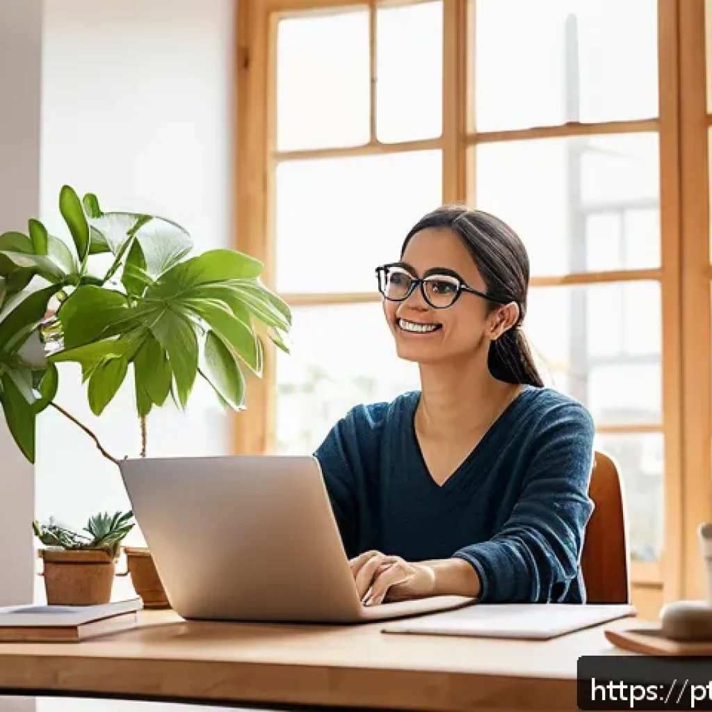 셀프케어 루틴 지속을 위한 동기 부여 - A cozy home office scene featuring a young adult seated at a tidy desk near a large window with soft...