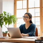 Home 23 셀프케어 루틴 지속을 위한 동기 부여 - A cozy home office scene featuring a young adult seated at a tidy desk near a large window with soft...