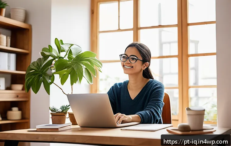 셀프케어 루틴 지속을 위한 동기 부여 - A cozy home office scene featuring a young adult seated at a tidy desk near a large window with soft...