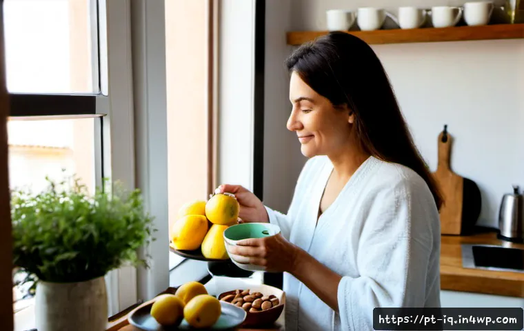 자연요법을 활용한 셀프케어 루틴 - Photorealistic morning self-care routine in a sunlit Portuguese apartment kitchen, a relaxed middle-...