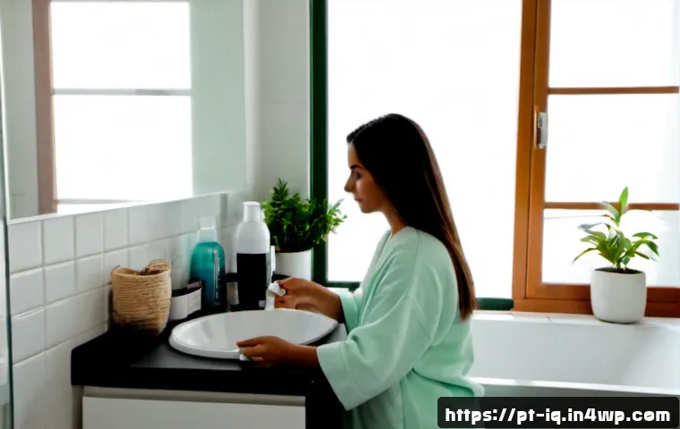 Home 17 셀프케어 루틴에서의 실수 피하기 - Photorealistic morning self-care scene in a bright Portuguese apartment bathroom, an adult woman in ...